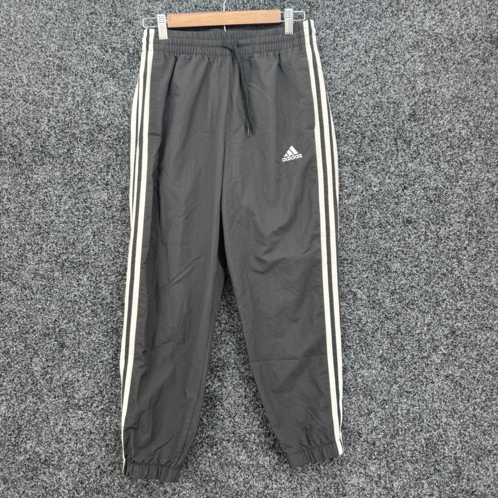 Adidas Mens Small Black 3 Stripe Nylon Track Pants Joggers Regular Fit